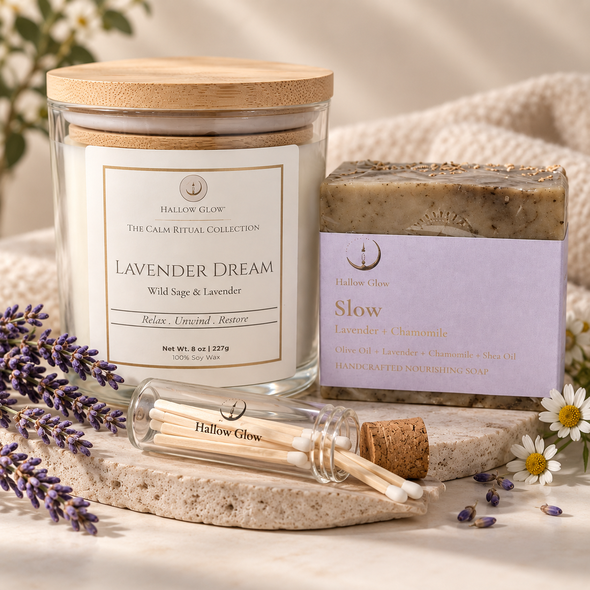 Unwind - Lavender Dream Candle + Slow Bar Soap + Match Bottle