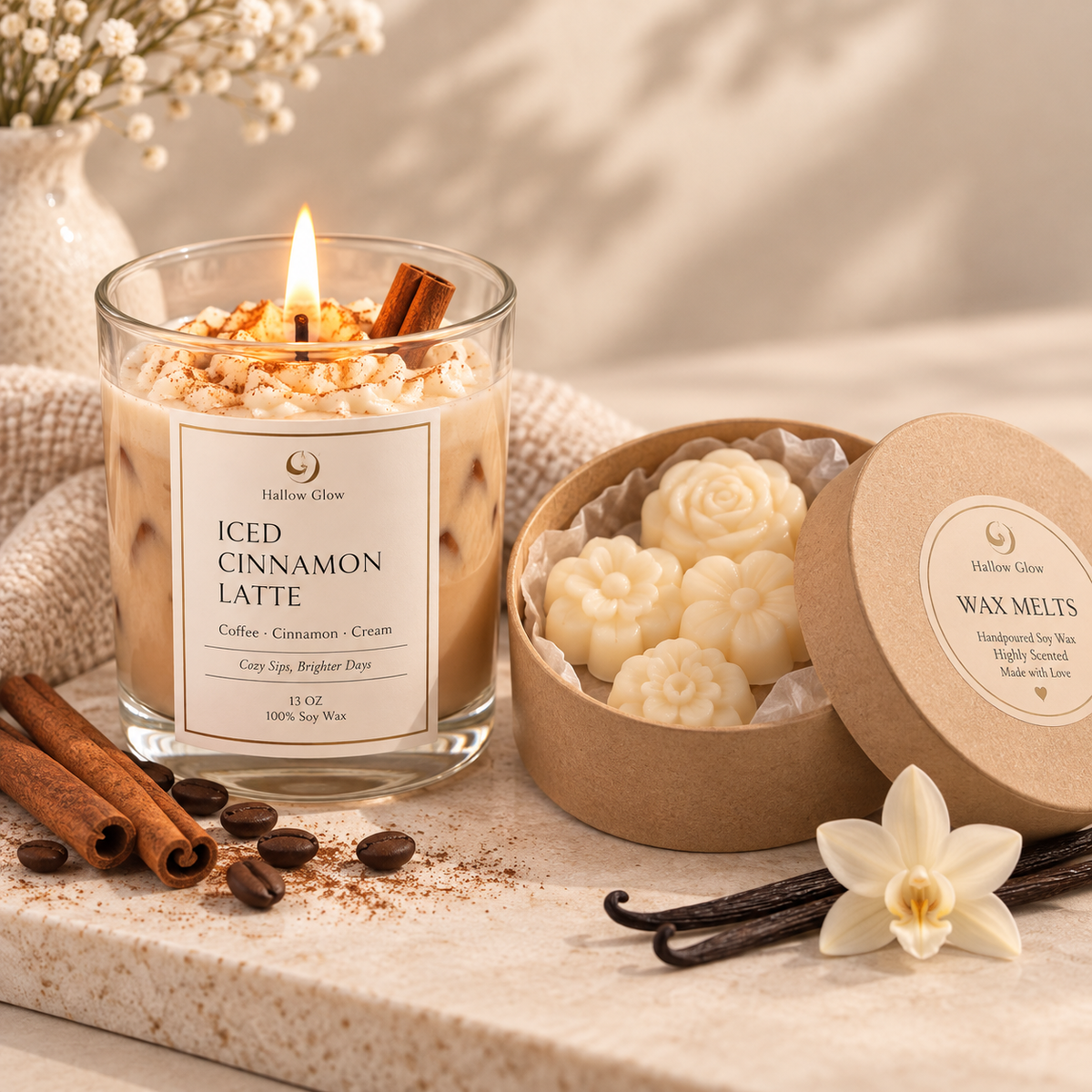 Get Cozy - Iced Cinnamon Latte Candle + Ambered Vanilla Wax Melts