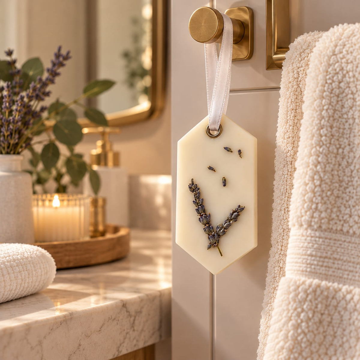 Handmade lavender wax sachet hanging in a spa-inspired bathroom decorated with dried lavender flowers and a satin ribbon.