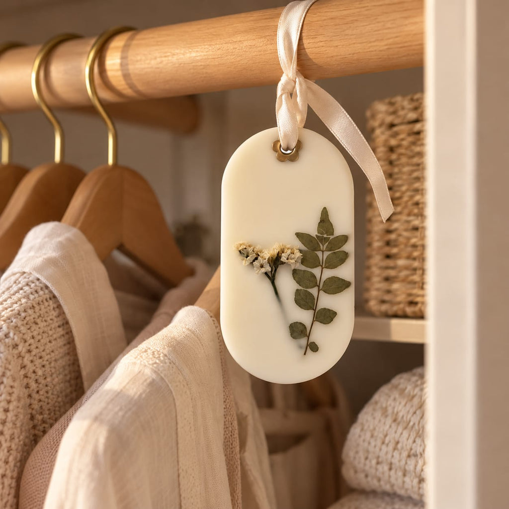 Handcrafted botanical wax sachet hanging inside a closet to gently fragrance the enclosed space.