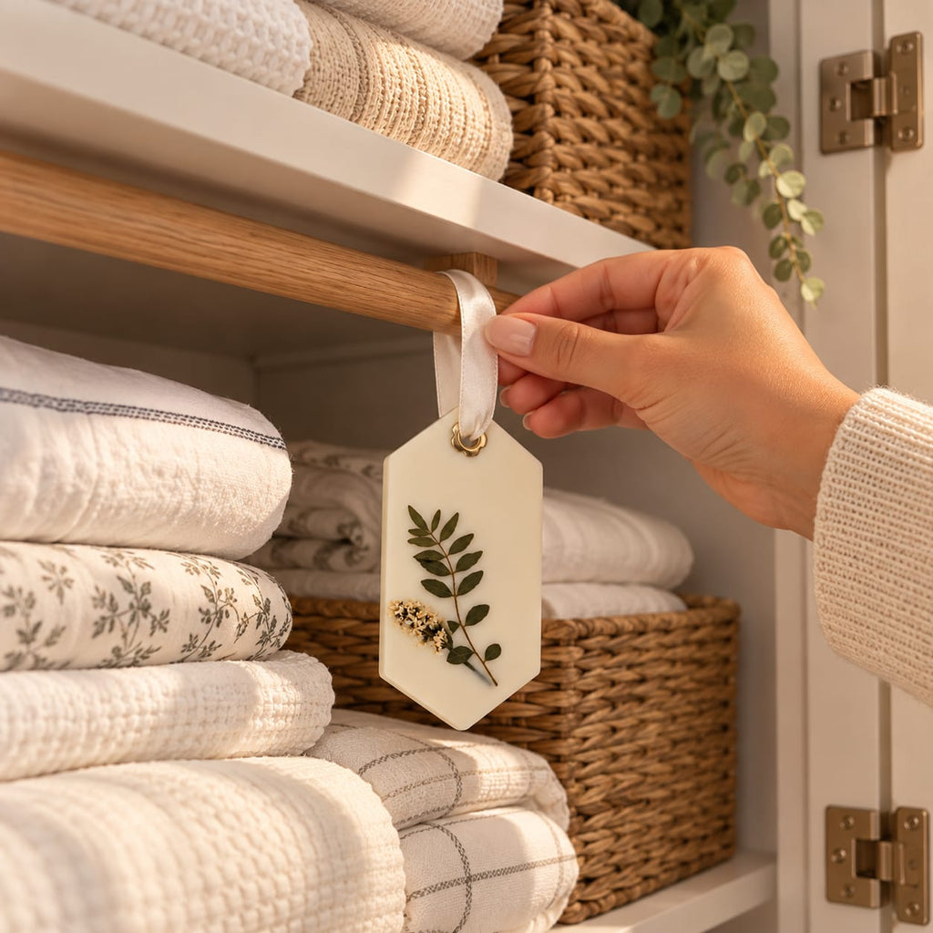 Botanical scented wax sachet displayed in a linen closet beside neatly folded bedding and linens.