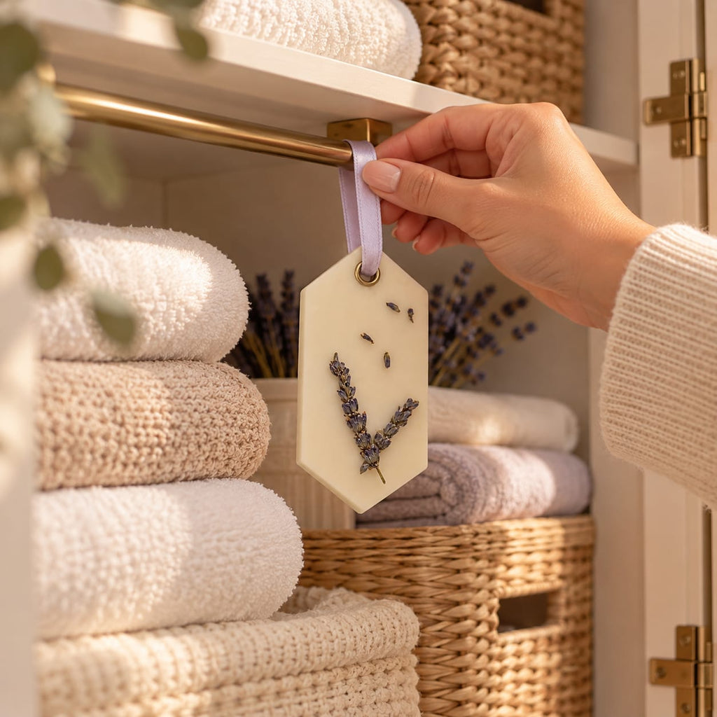 Handmade botanical wax sachet hanging in a towel storage closet beside neatly folded towels.