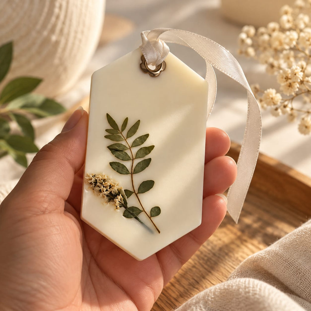 Hand holding a handcrafted Ehite Eucalyptus botanical wax sachet decorated with pressed green leavesand delicate dried flowers