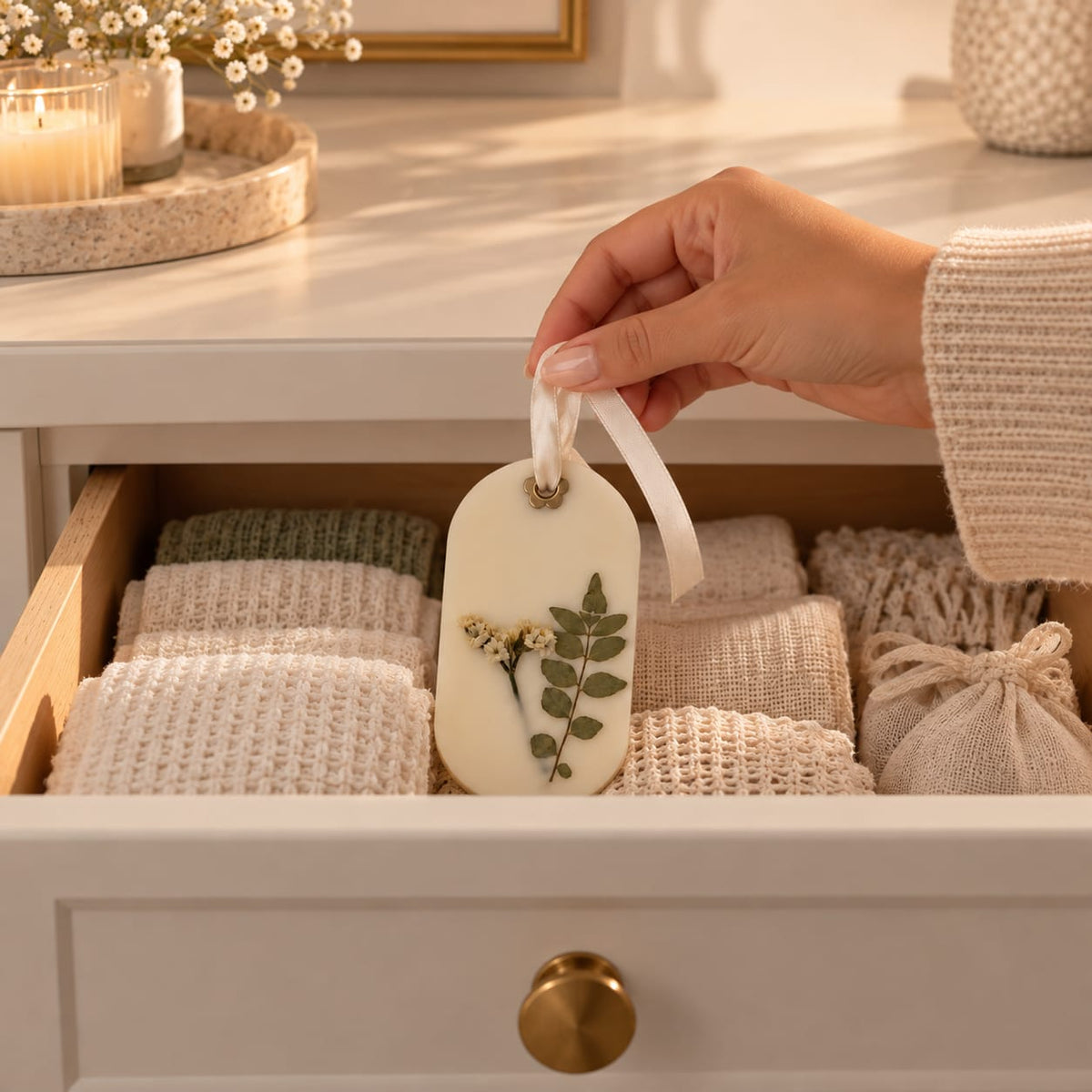 Hand placing a botanical scented wax sachet inside a dresser drawer to add fragrance to a small storage space.
